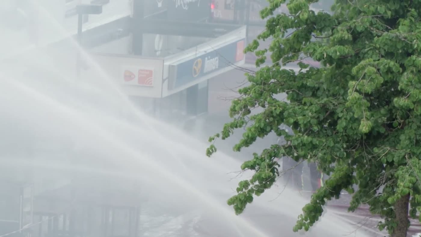Arcs of high-pressure water spraying past a tree